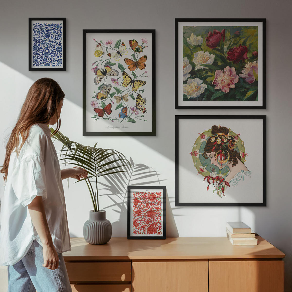 BILDER SET 5er Set - 50x50 cm & 20x30 cm & 40x60 cm Schwarzer Rahmen - Vintage-Blumen-Schmetterlings-Ornamente - Schwarz, Kunststoff (40/60cm) - TULUP