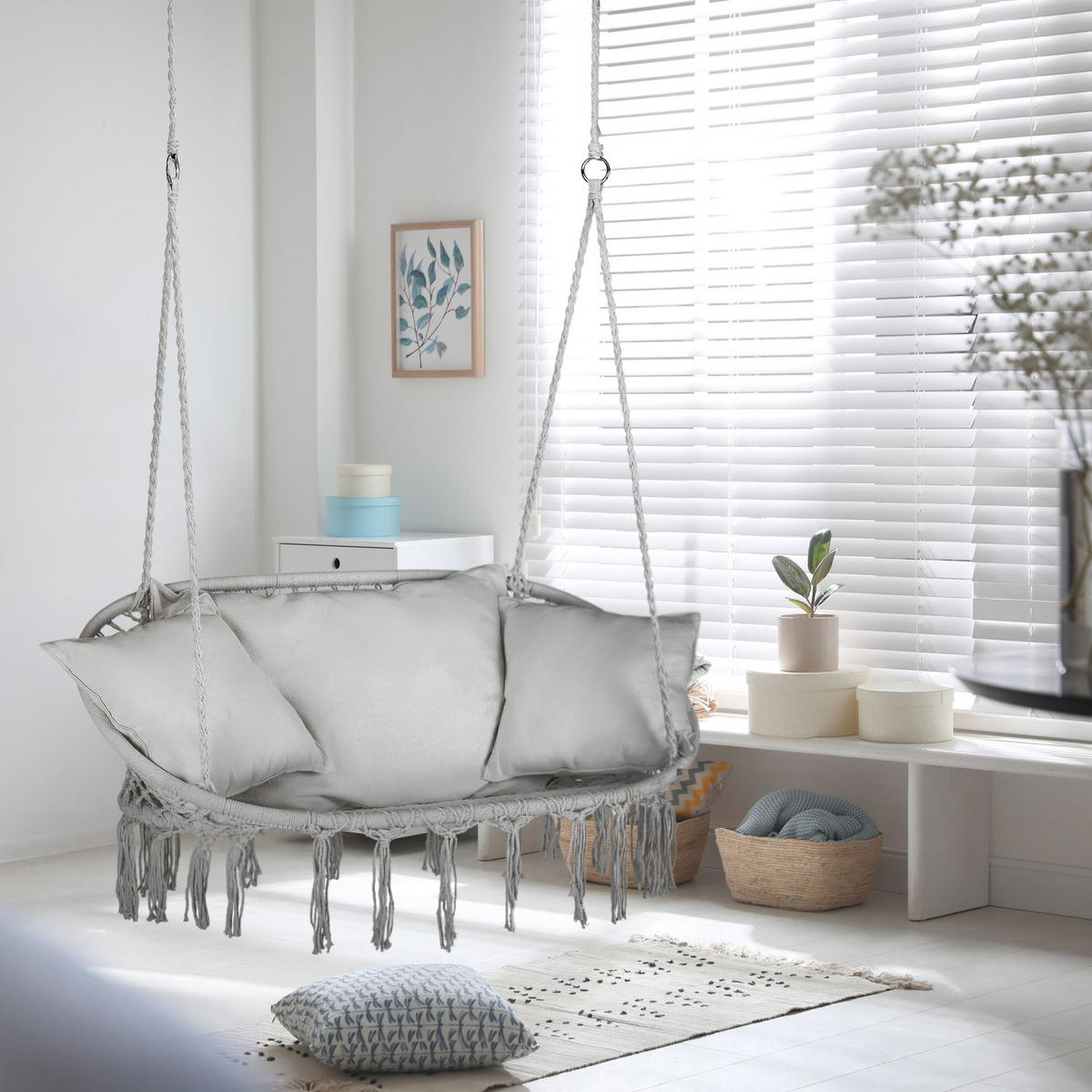 HÄNGESESSEL für 2 Personen mit Kissen 130/75/37 cm, bis 200 kg - Grau, Textil (130/108/75cm) - Outtec