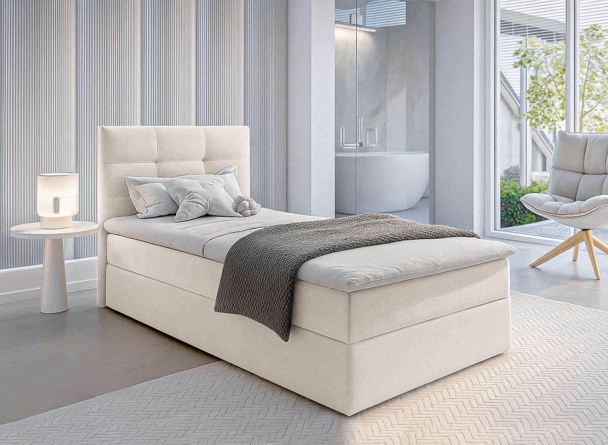 BOXBETT GECETENI 90x200 cm mit Bettkasten und Matratze - Beige - Beige/Schwarz, Holz/Holzwerkstoff (90/200cm) - AX Living