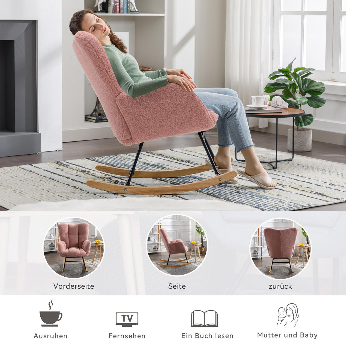 SCHAUKELSTUHL 80/70/95 cm in Rosa aus Teddystoff mit Holz-Kufen - Rosa, Textil (70/95/80cm) - Flora Grace