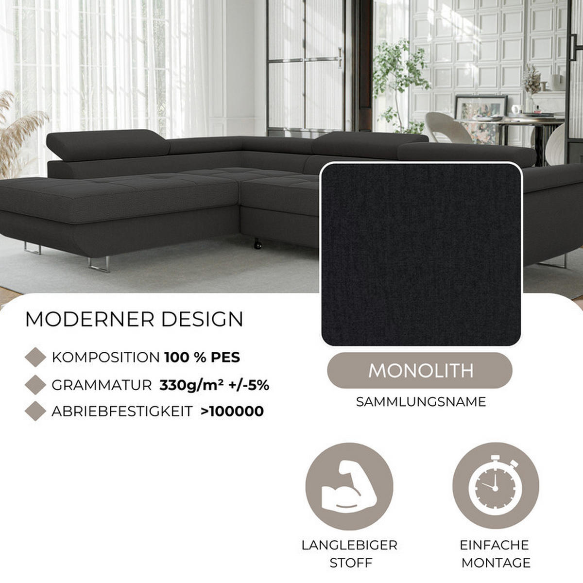 ECKSOFA ANTON mit Schlaffunktion und Bettkasten Anthrazit - Anthrazit, Holzwerkstoff/Kunststoff (274/203cm) - Idohome