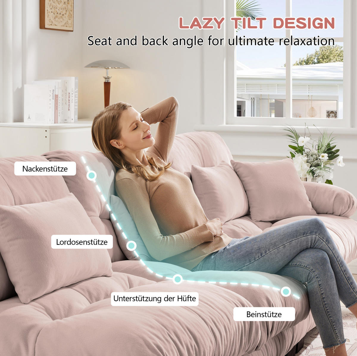 ECKSOFA modular mit beweglichen Ottomane, tiefem Sitz und Chenillebezug, Pink - Pink, Textil (406/145cm) - Redom