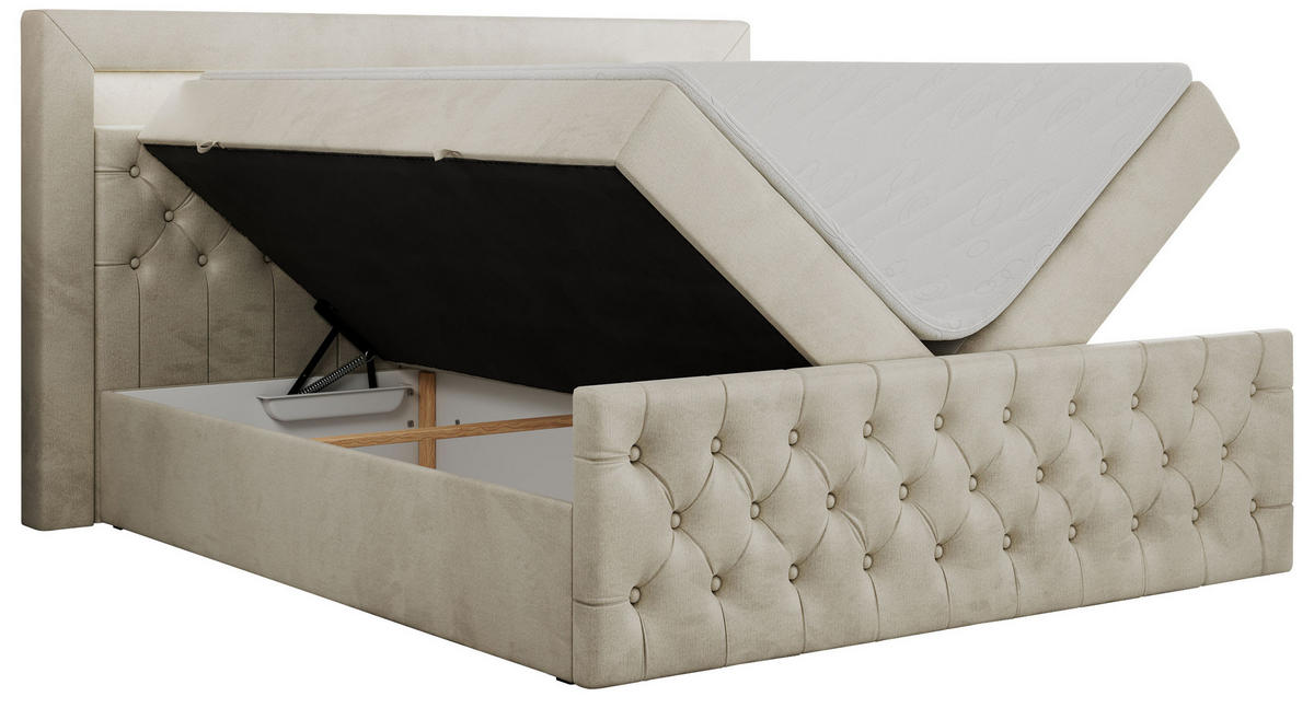 BOXBETT GOLD-9 LED 140/200 Beige Velvet - H3 - Beige, Holz/Textil (140/200cm) - MKS