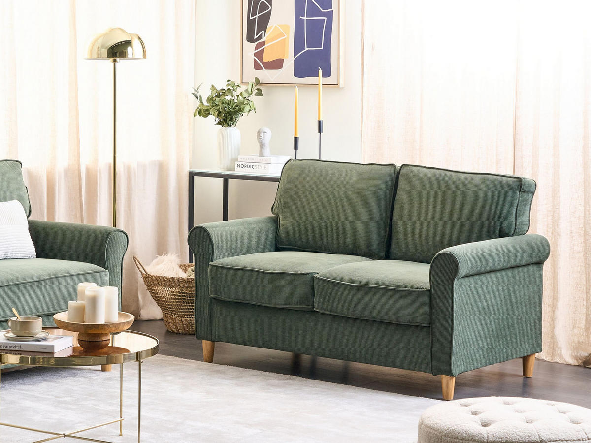 2-SITZER-SOFA Cord dunkelgrün Ronneby - Hellbraun/Grün, Textil (140/88/78cm) - Beliani