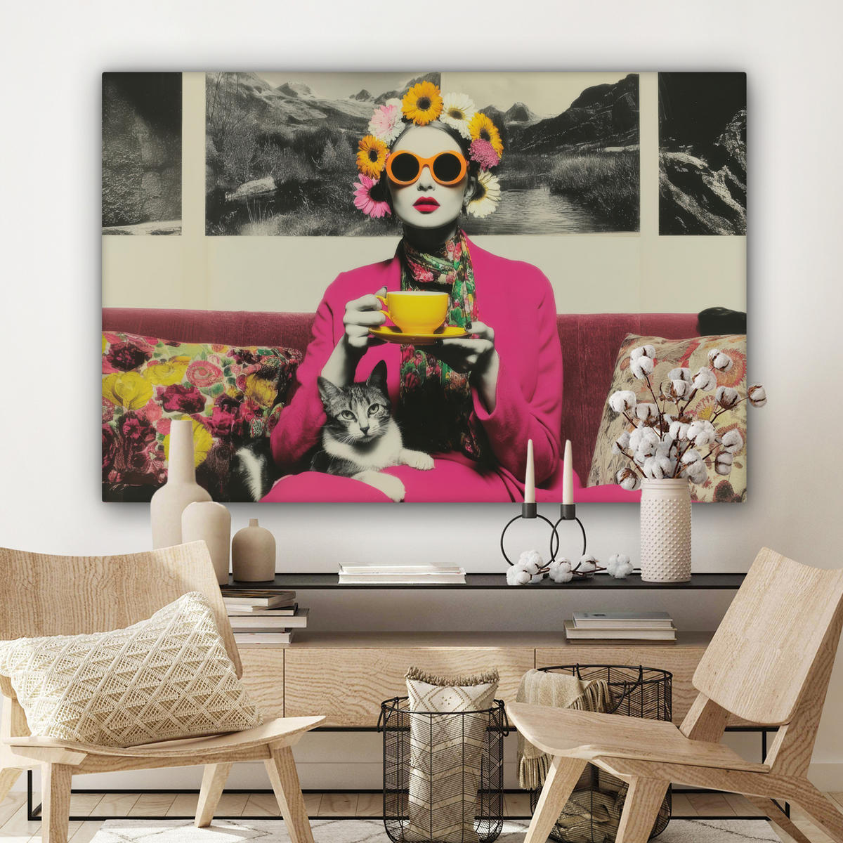 LEINWANDBILD Frau - Katze - Blumen - Tasse - Retro Groß 140x90 cm - Magenta, Textil (140/90cm) - MuchoWow