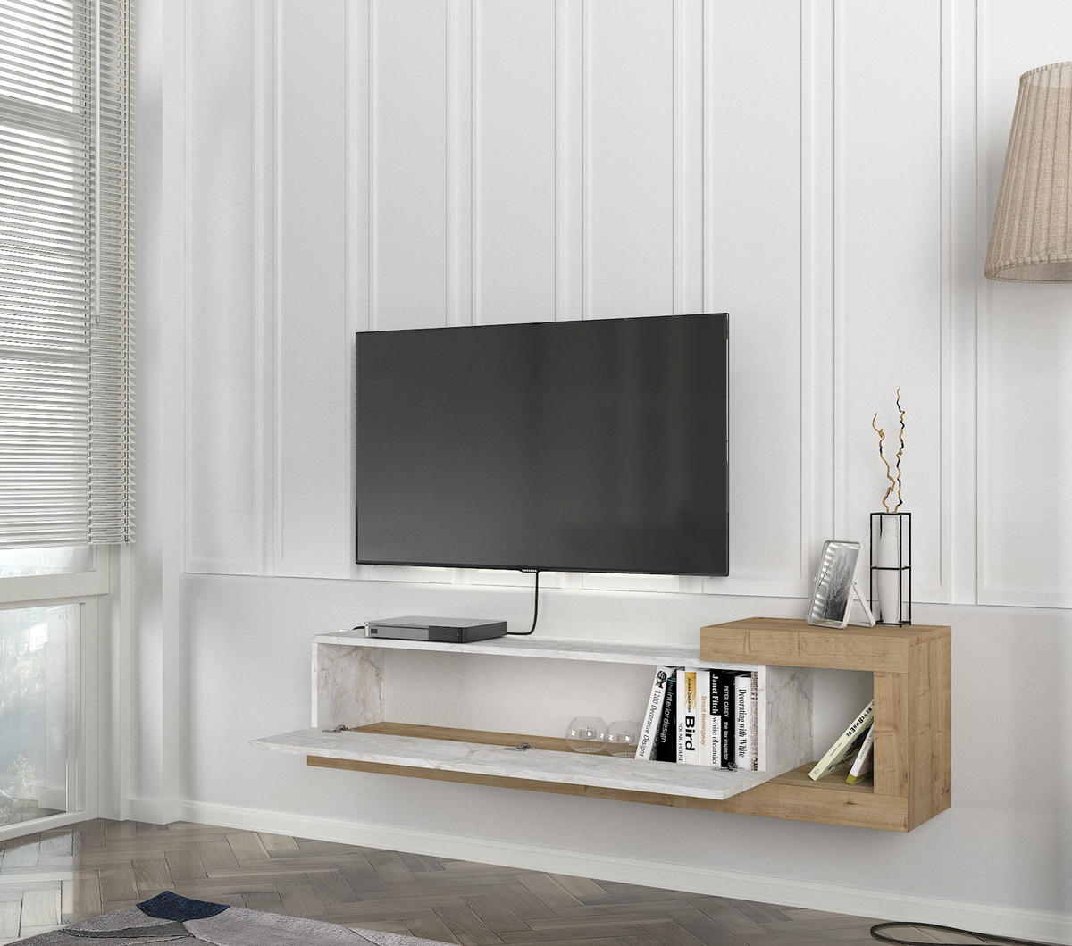 MOEBEL17 TV Lowboard 150 cm – Modernes Lowboard TV Schrank – TV Board Wohnzimmer – Fernsehtisch – TV Möbel Sideboard Modern – Modell Bliss - Weiß/Braun, Holzwerkstoff (150/37/30cm) - moebel17