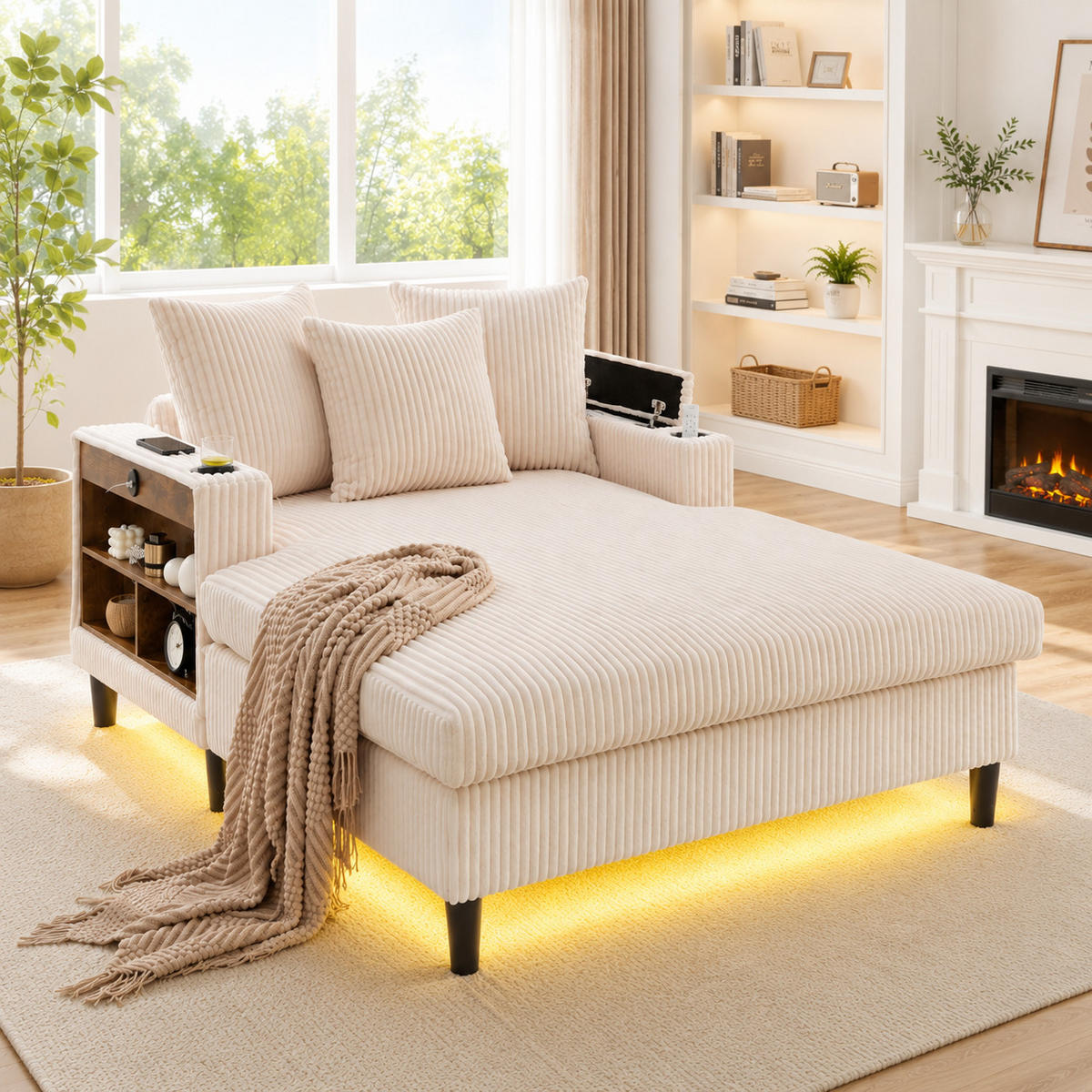 SCHLAFSOFA DE-33807 LED-Beleuchtung und USB Beige - Beige, Metall (129/70/170cm) - ComfortXL