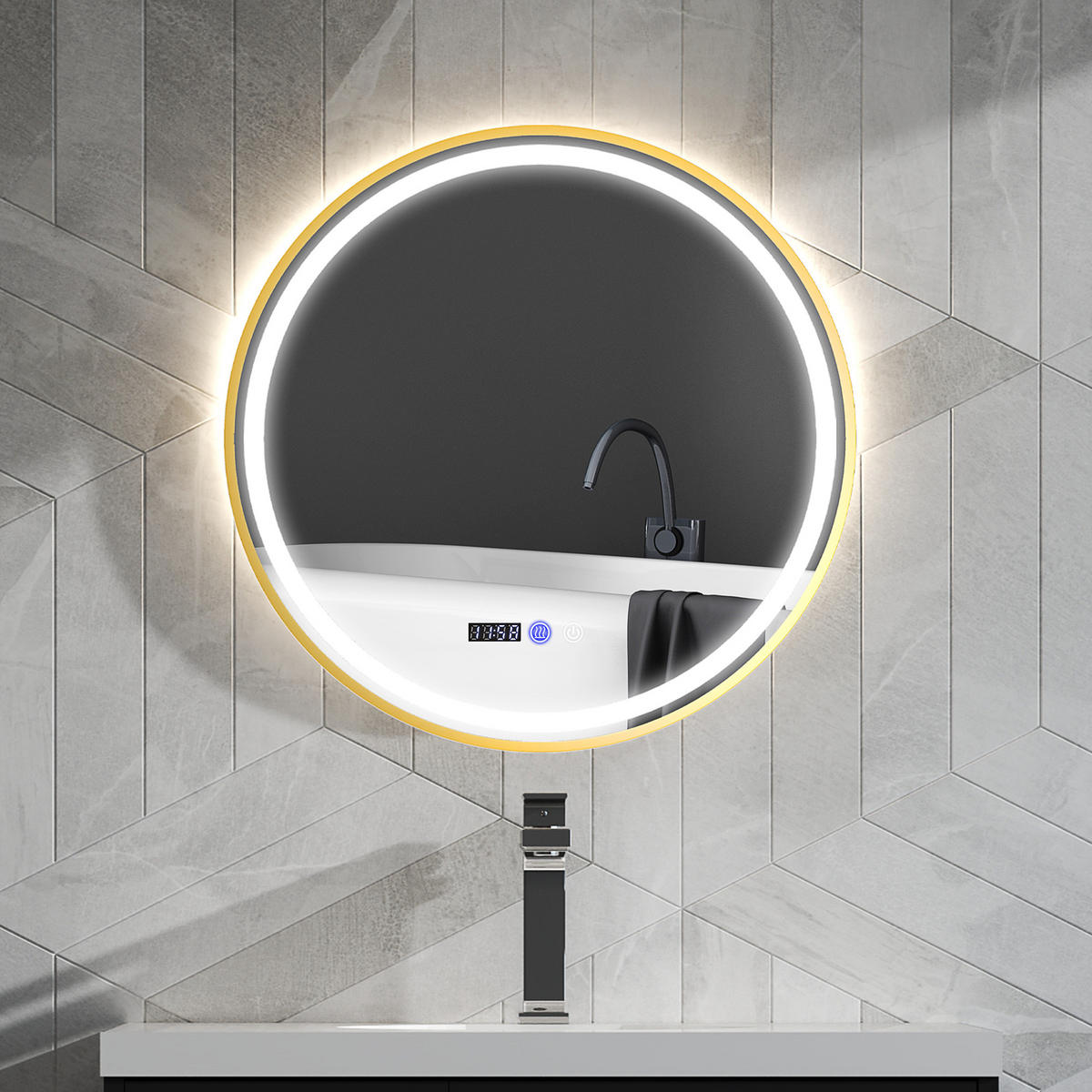 ROUNDER Badspiegel mit Beleuchtung 60 cm LED Spiegel mit Touchschalter Gold - Goldfarben, Glas (3.5/60/60cm) - HOMCOM