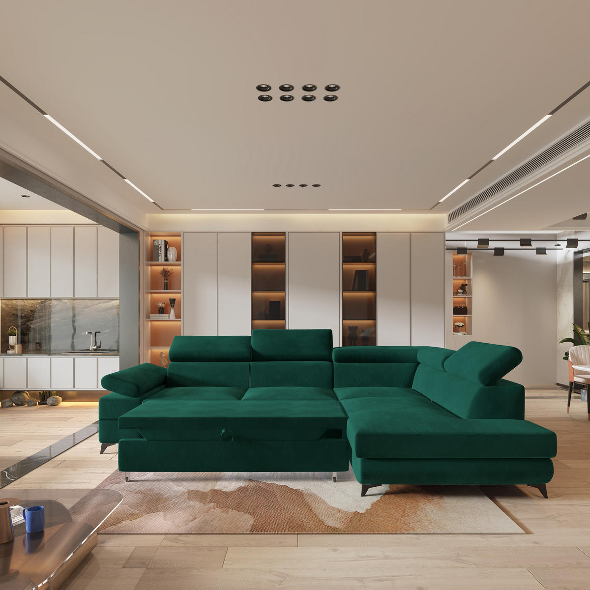 ECKSOFA FAVIEN R-S Grün Velours-Stoff mit Schlaffunktion - Grün, Holz (257/190cm) - MASSENO