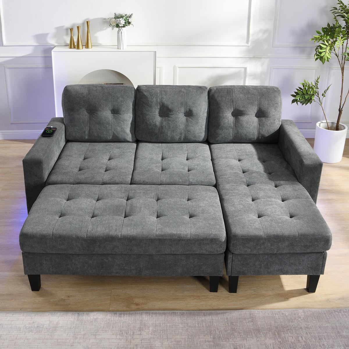 ECKSOFA 185/135/85 cm mit Schlaffunktion Antique Gray aus Chenille mit LED und USB - Grau, Kunststoff (135/185cm) - OKWISH