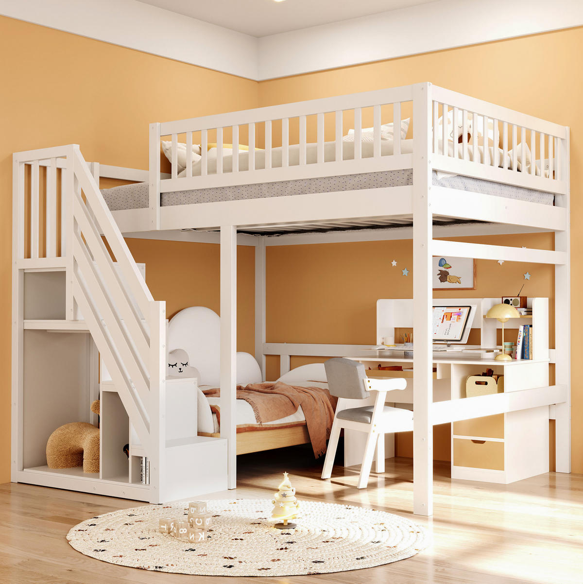 KINDERBETT 140/200 cm, weiß mit Stauraumtreppe und hohem Geländer - Weiß, Holz (140/200cm) - MIVRAY