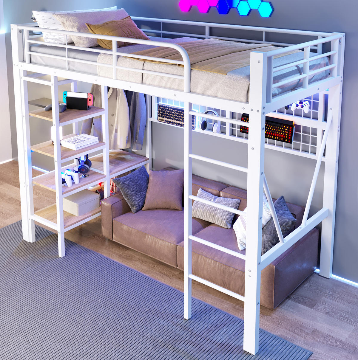 HOCHBETT 90/200 cm in Weiß – mit Schreibtisch, Stauraumleiter und LED - Weiß, Metall (90/200cm) - BEAOK