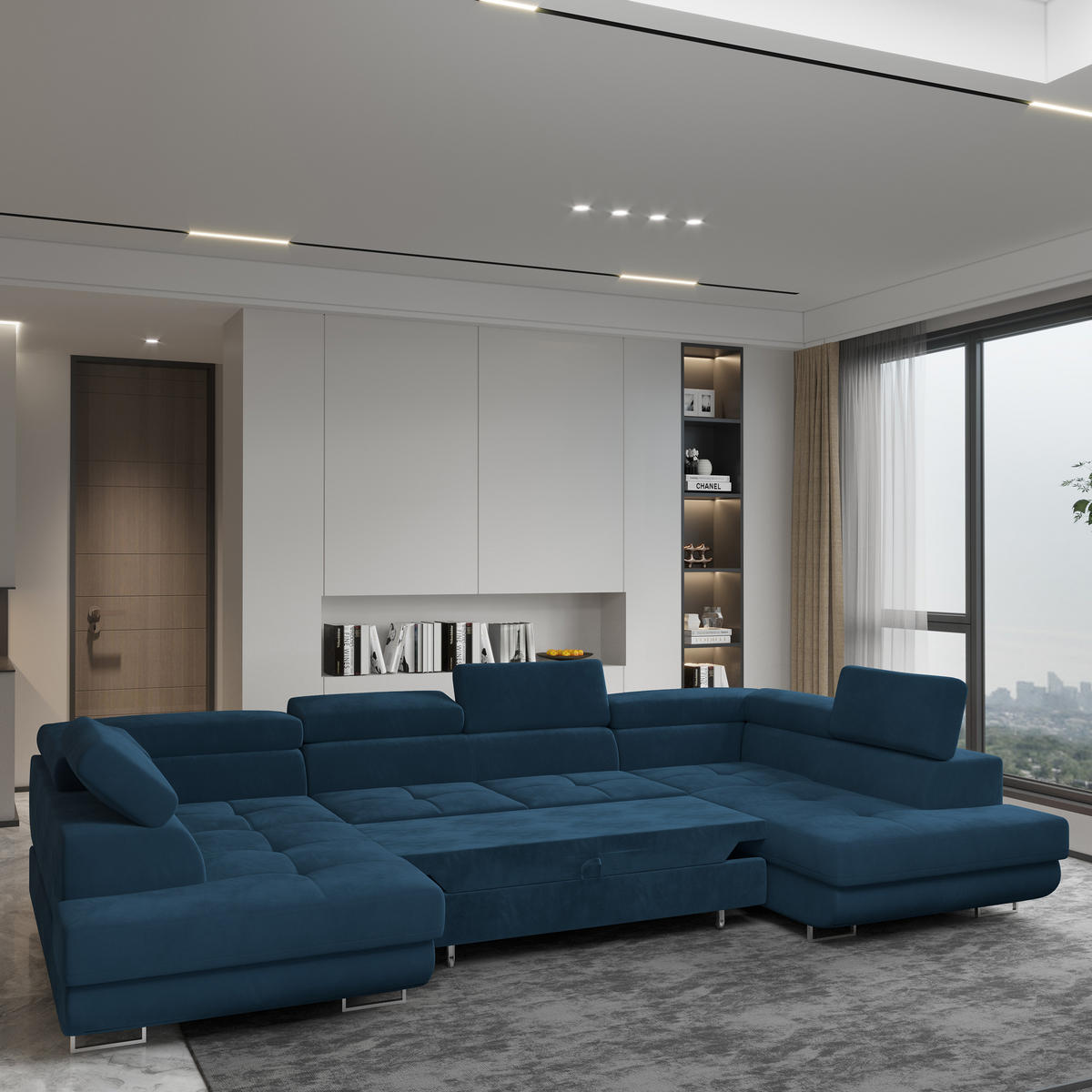 WOHNLANDSCHAFT RAGGIO Blau Velours-Stoff mit Schlaffunktion - Blau, Holz (336/90/202cm) - MASSENO