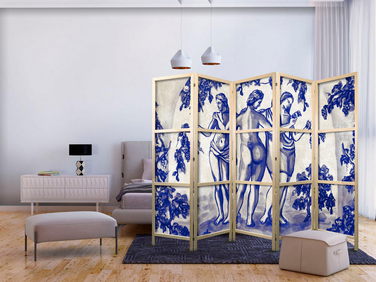 PARAVENT Japanischer 5-tlg 225x172 cm Drei Grazien - Blau, Holz/Textil (225/172/3cm) - Muralo