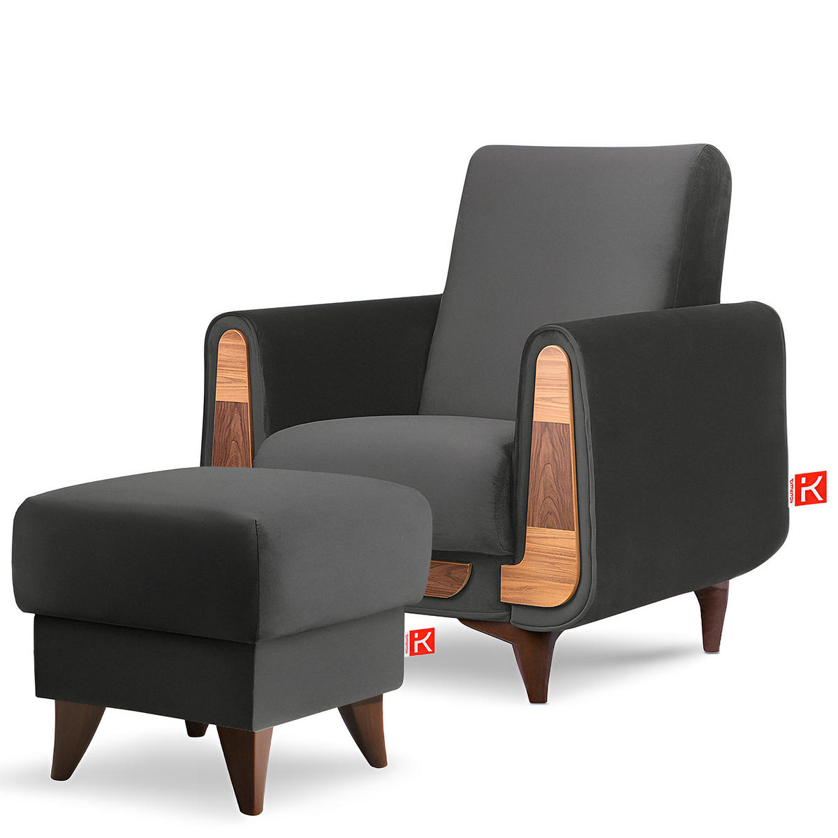 HOCKER GUSTAVO Fußstütze, Velours, Anthrazit - Anthrazit, Holz/Holzwerkstoff (53/49/53cm) - KONSIMO®