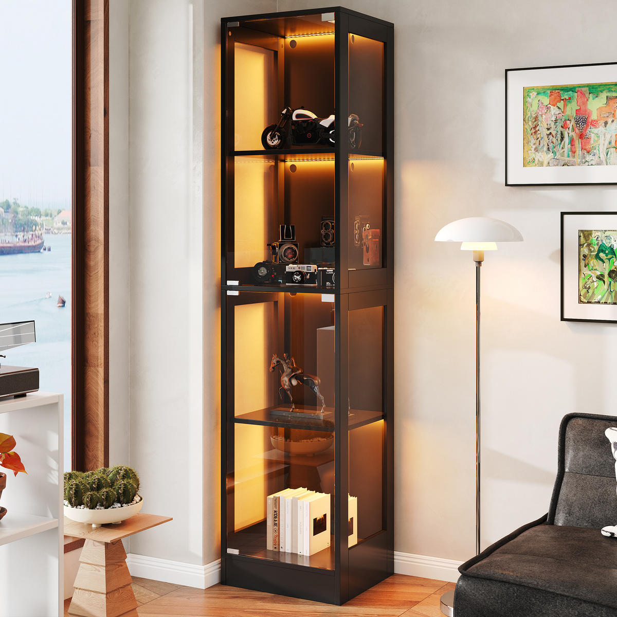 VITRINE Glas MDF mit 4 Ebenen Stauraum schmal modern Push-to-Open Schrank Wohnzimmer Design - Schwarz, Glas/Holzwerkstoff (40/170/35cm) - EVRYAE