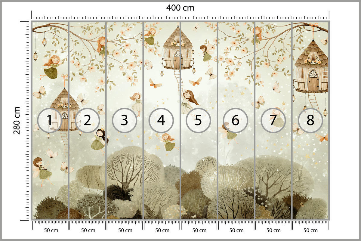 FOTOTAPETE für Kinderzimmer Waldfeen Blumen Sterne Schmetterlinge Baum 400x280 - Beige/Orange, Papier (400/280cm) - Muralo