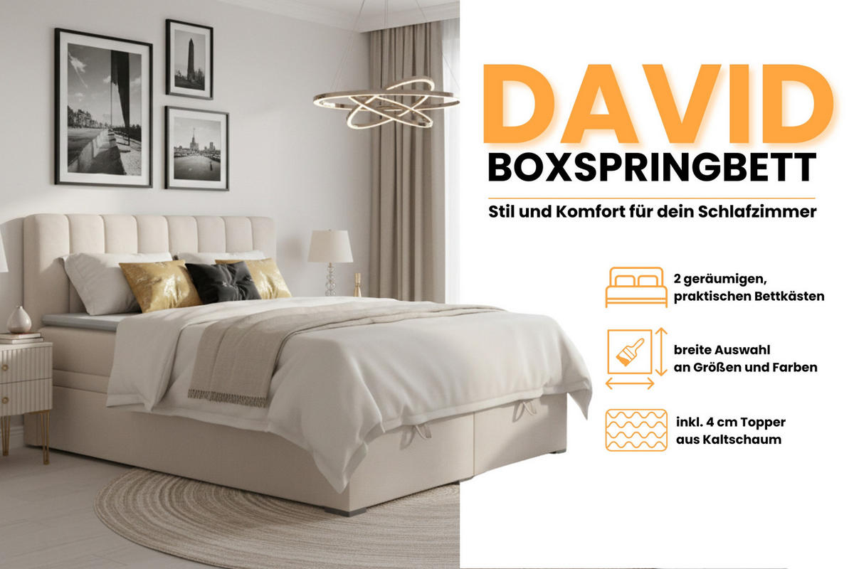 BOXBETT DAVID 140/200 Velour Ecru mit einer Matratze H4 - Ecru, Holz/Holzwerkstoff (140/200cm) - Deine Möbel 24