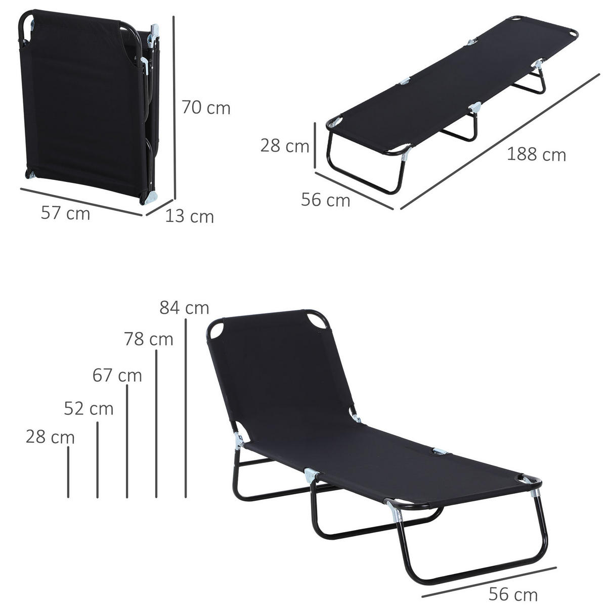 SONNENLIEGE aus Stahl 188x56x28 cm in Schwarz mit 5-fach verstellbarer Rückenlehne - Schwarz, Metall (56/28/188cm) - Modfu