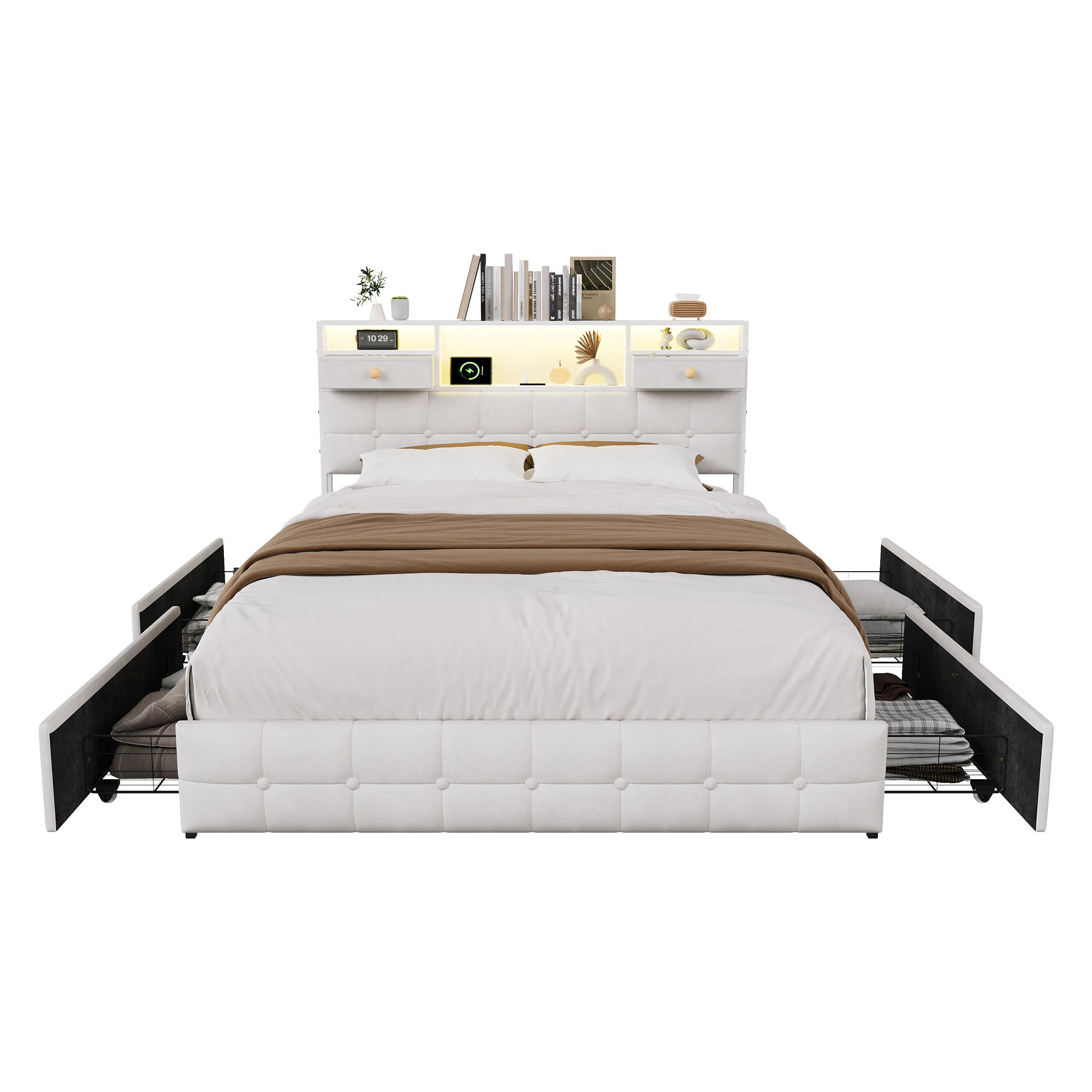 POLSTERBETT 140x200 cm mit 4 Schubladen, LED und USB-/Typ-C-Anschlüsse, Samt in Beige - Beige, Holz (140/200cm) - BRILVERDE