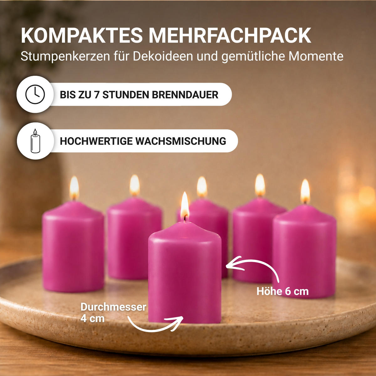 STUMPENKERZEN Ø4cm x 6cm - 6er Pack Rose - Hellrosa, Naturmaterialien (4/6cm)