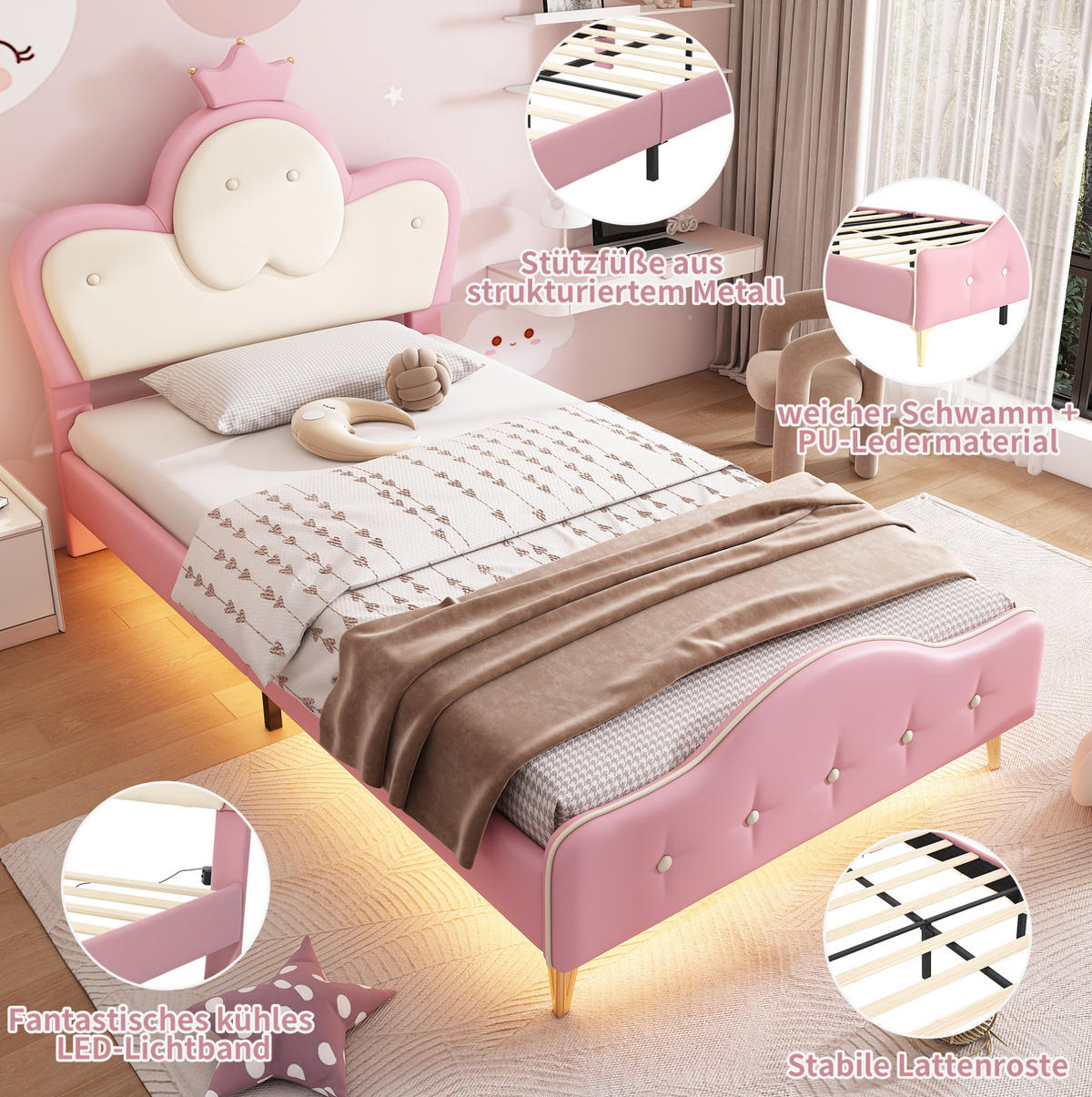 KINDERBETT Polsterbett 90/200 cm aus PU mit LED-Lichtleiste und Kronenkopfteil Rosa/Weiß - Weiß, Kunststoff (90/200cm) - Modenvie