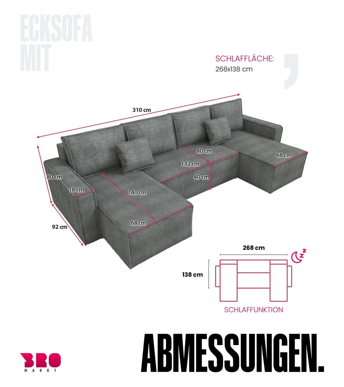 WOHNLANDSCHAFT Dexter U mit Schlaffunktion Grau Cord - Grau, Textil (310/80/141cm) - Bromarkt