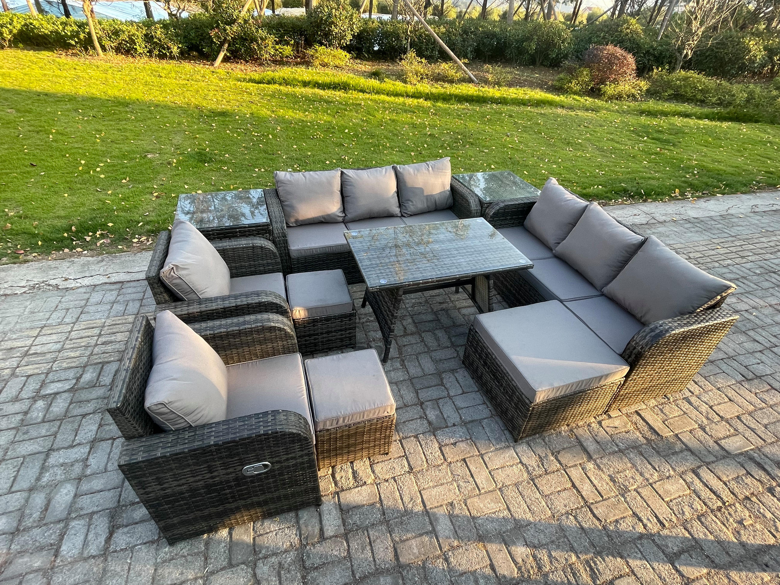 GARTENSET Hohe Rückenlehne Polyrattan 11-Sitzer - Dunkelgrau/Grau, Glas/Kunststoff - Fimous