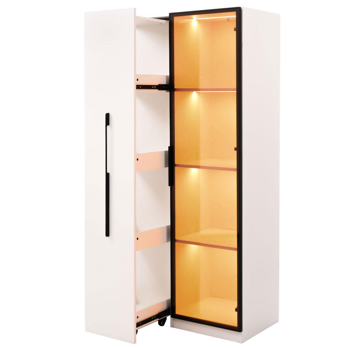 VITRINE 70/40/160 cm in Weiß mit LED-Beleuchtung und ausziehbarem Regal - Weiß, Holzwerkstoff (70/160/40cm) - Flora Grace