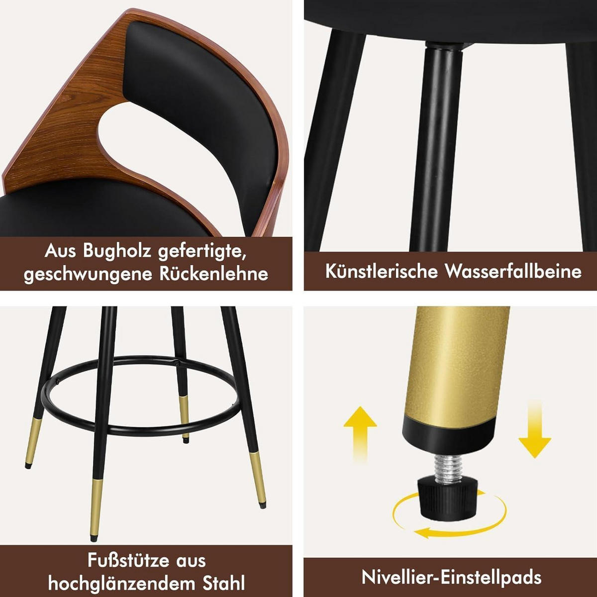 BARHOCKER 2-teiliges Set Holz-Sitz Schwarz 65 cm - Multicolor, Metall (47/92/50cm)