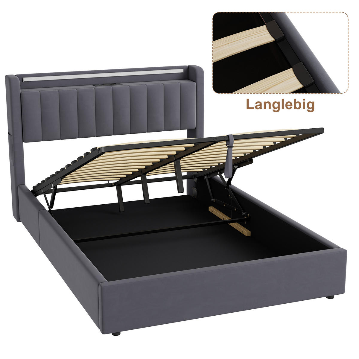 POLSTERBETT 140/190 cm in Grau, mit Bettkasten, Stauraum, USB und LED Beleuchtung, ohne Matratze - Grau, Holzwerkstoff/Textil (140/190cm) - WISHDOR