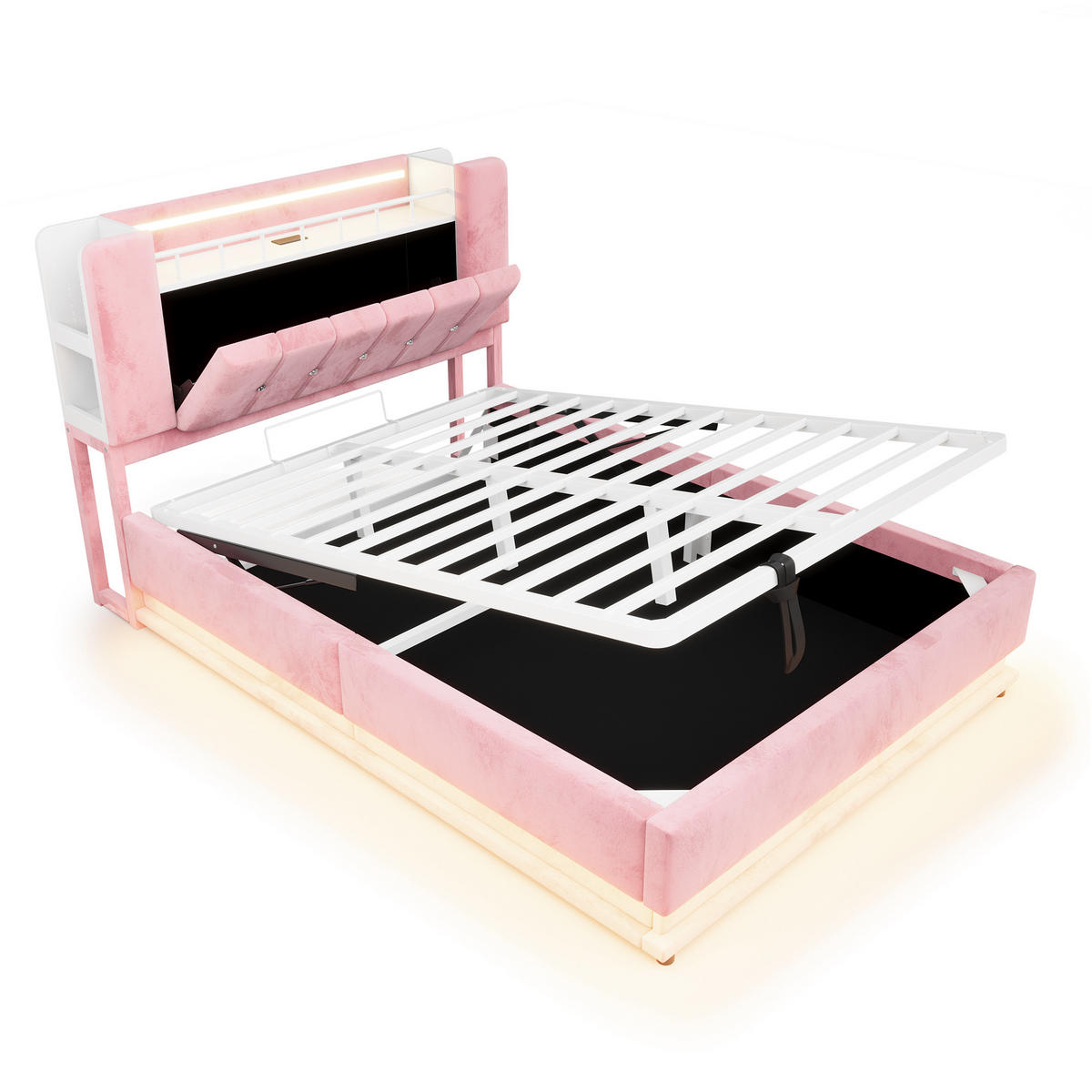 STAURAUMBETT 140/200 cm mit LED und Stauraum, DE-02116, in Beige - Pink, Metall (140/200cm) - ComfortXL