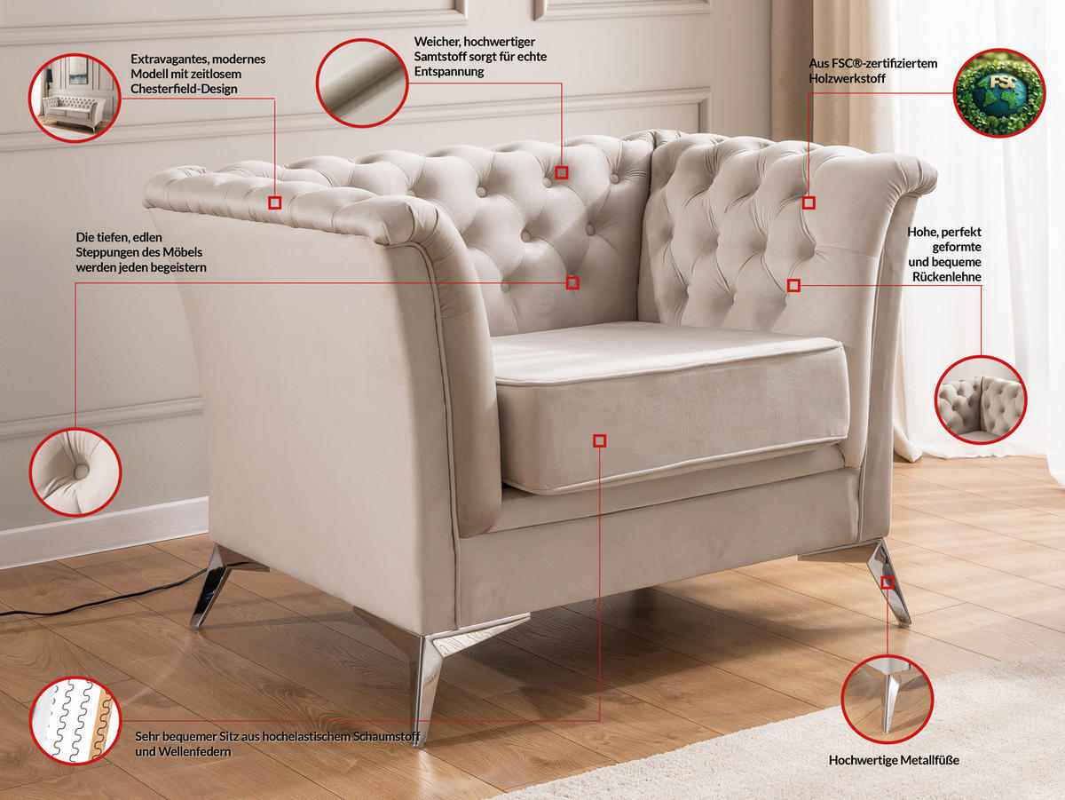 CHESTERFIELD-SESSEL Whitby Beige Samt mit silbernen Füßen - Beige/Silberfarben, Holz/Textil (116/78/82cm) - S-Style Möbel