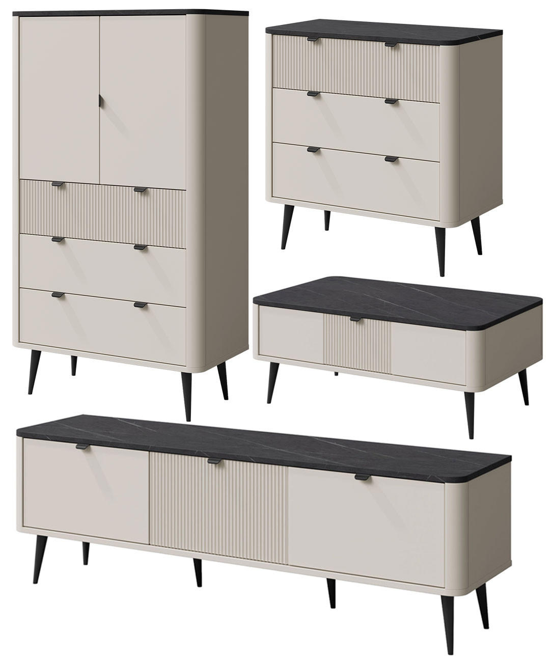WOHNZIMMER-SET Marly 4-tlg Kaschmir / Graustein - Kaschmir/Beige, Holz/Holzwerkstoff (440/163/60cm) - Feldmann-Wohnen