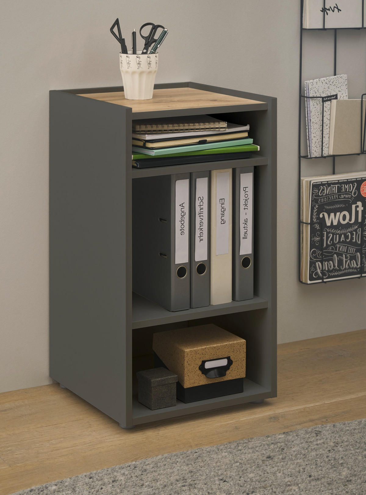SCHREIBTISCHKOMBINATION 2-teilig grau matt, Eiche Wotan 143 cm, Büromöbel Set mit Bürocontainer - Eiche Wotan/Schwarz, Holzwerkstoff/Kunststoff (62/143/76cm) - Furn.Design