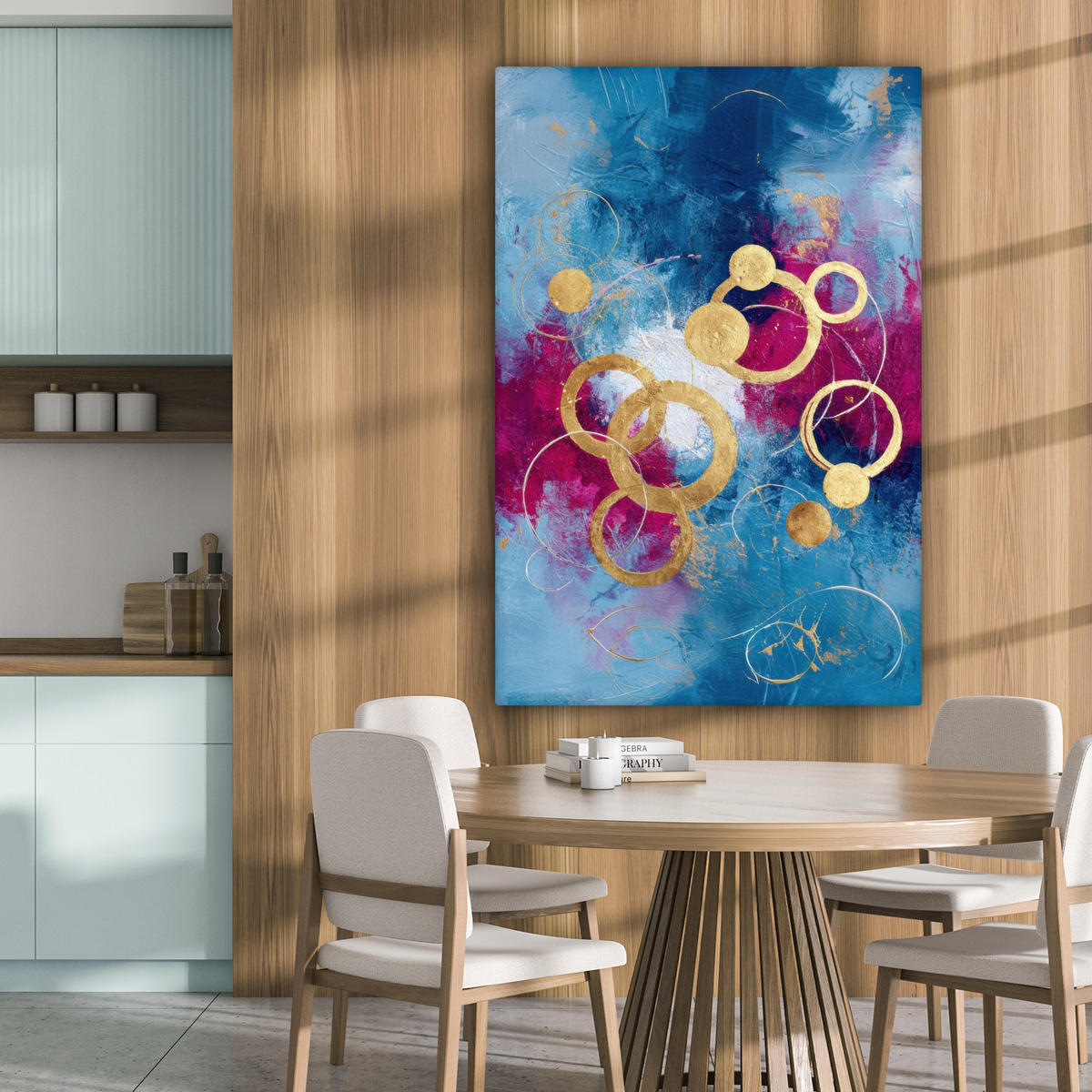 LEINWANDBILD Kreise - Gold - Abstrakt Deko Groß 90x140 cm - Blau, Textil (90/140cm) - MuchoWow