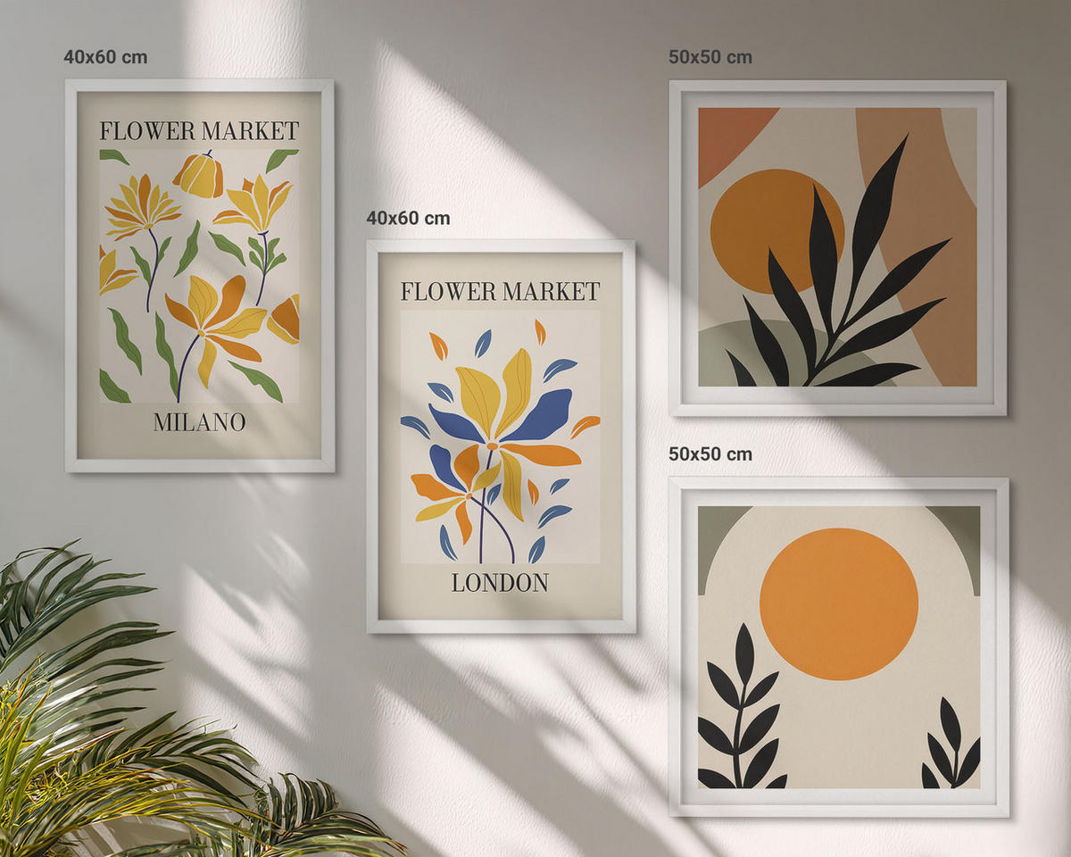 WANDBILDER 4er-Set - 50x50 cm & 40x60 cm Weißer Rahmen - Blumenposter Paris Mailand - Weiß, Kunststoff (50/50cm) - ArtPrintCave