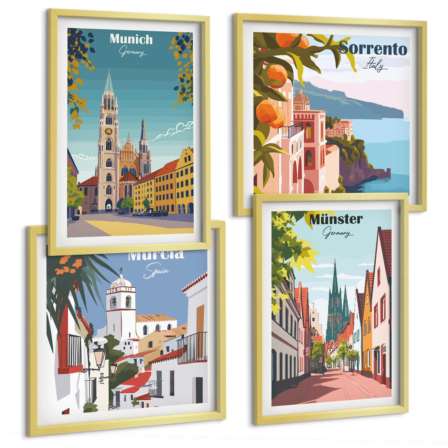 BILDER SET 4er Set - 50x50 cm & 40x60 cm Goldrahmen - Europäische Städte in farbigen Illustrationen - Goldfarben, Kunststoff (50/50cm) - TULUP