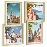 BILDER SET 4er Set - 50x50 cm & 40x60 cm Goldrahmen - Europäische Städte in farbigen Illustrationen - Goldfarben, Kunststoff (50/50cm) - TULUP