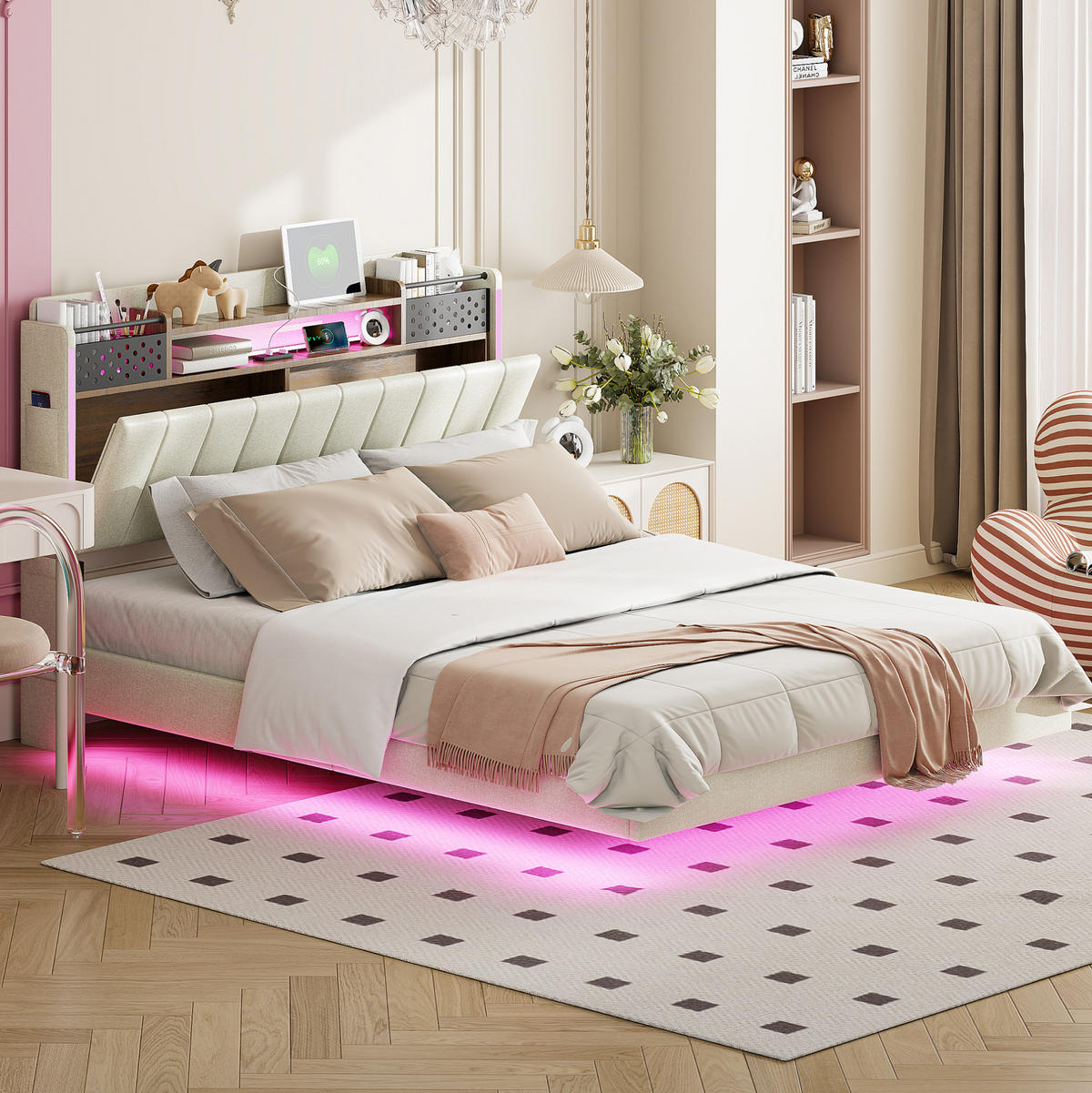 ČALÚNENÁ posteľ z látky 140x200 cm béžová s LED osvetlením, USB portom a úložným čelom - béžová, textil (140/200cm) - Modfu