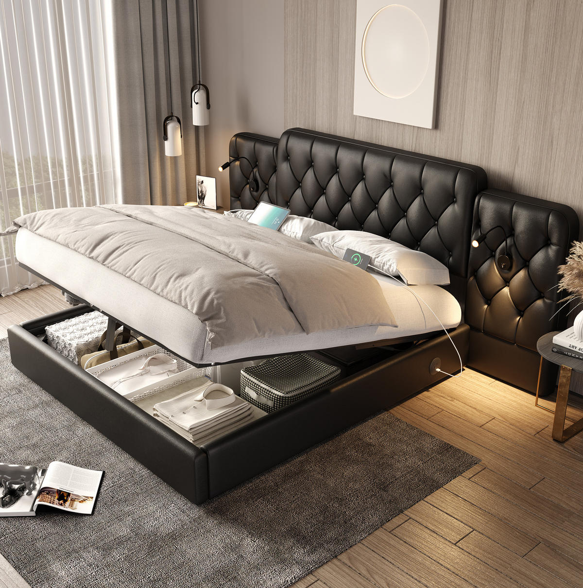 BETT mit Stauraum und USB 160x200 cm PU-Leder Schwarz - Schwarz, Metall (160/200cm) - Meubliv