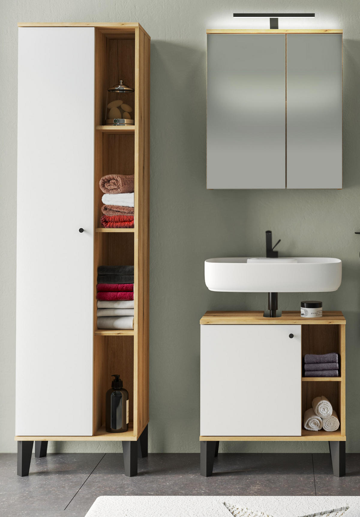 BADMÖBEL-SET 3-teilig weiß, Evoke Eiche, Badkombination, 121 x 190 cm - Eichefarben/Schwarz, Glas/Holzwerkstoff (121/190/33cm) - Furn.Design