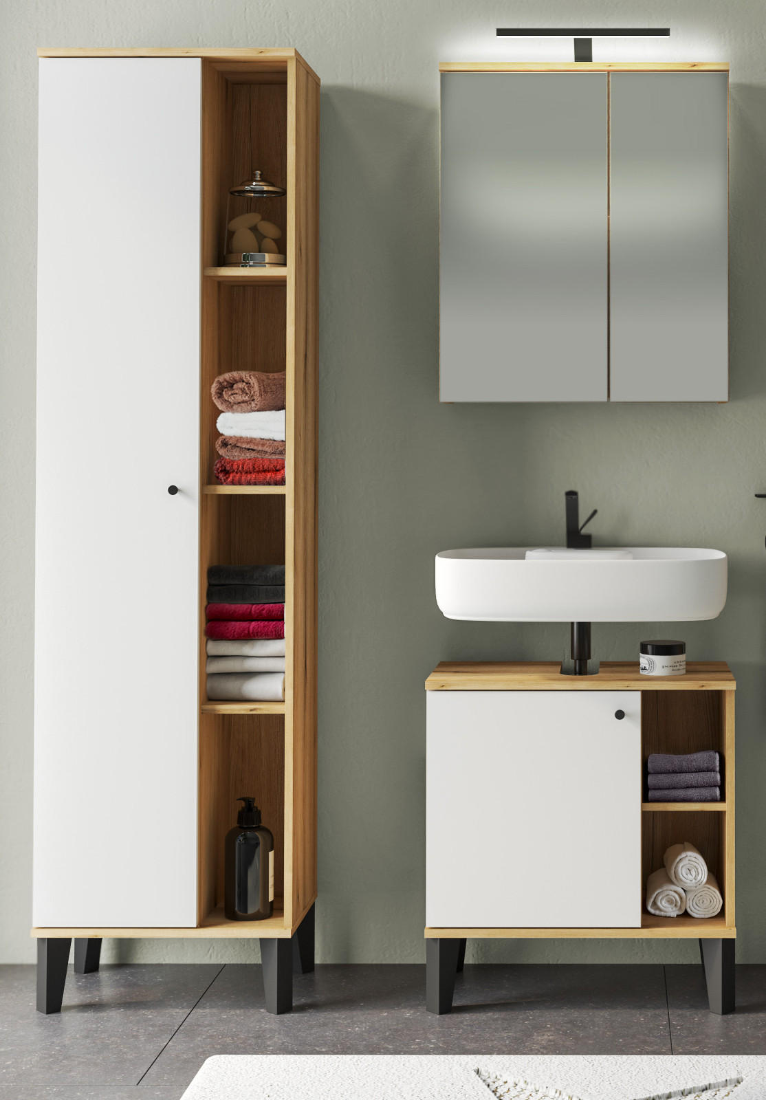 Thumbnail - Furn.Design Badmöbel-Set, Weiß, Eiche, Kunststoff, Nachbildung,Eiche, Uni, 8 Fächer, Rechteckig, 121x190x33 cm, FSC Mix,...