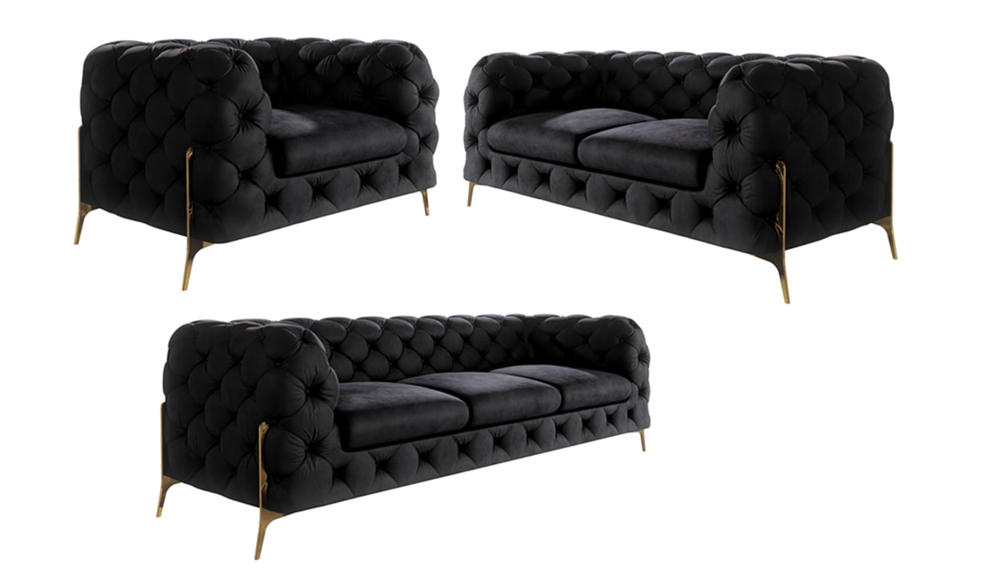 S-Style CHESTERFIELD SEDACÍ SOUPRAVA 3+2+1 Lexi z černého sametu se zlatými noham