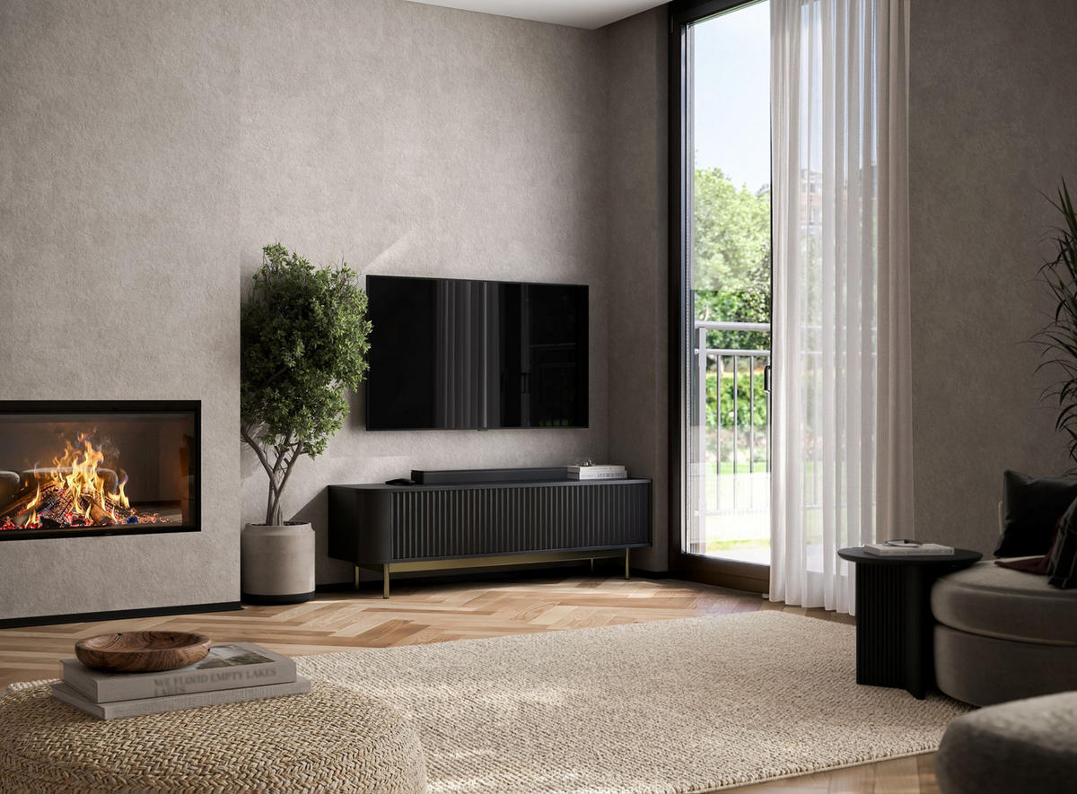 TV komoda Aurora matná čierna 140 cm so zlatým kovovým rámom - čierna/zlatá, kov/kompozitné drevo (140/44/35cm) - Meble Lindner
