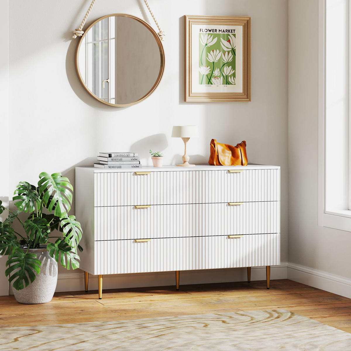KOMOODE DE-12857 6 Schubladen, goldene Griffe und Füße Weiß - Weiß, Holzwerkstoff (120/76.5/40cm) - ComfortXL