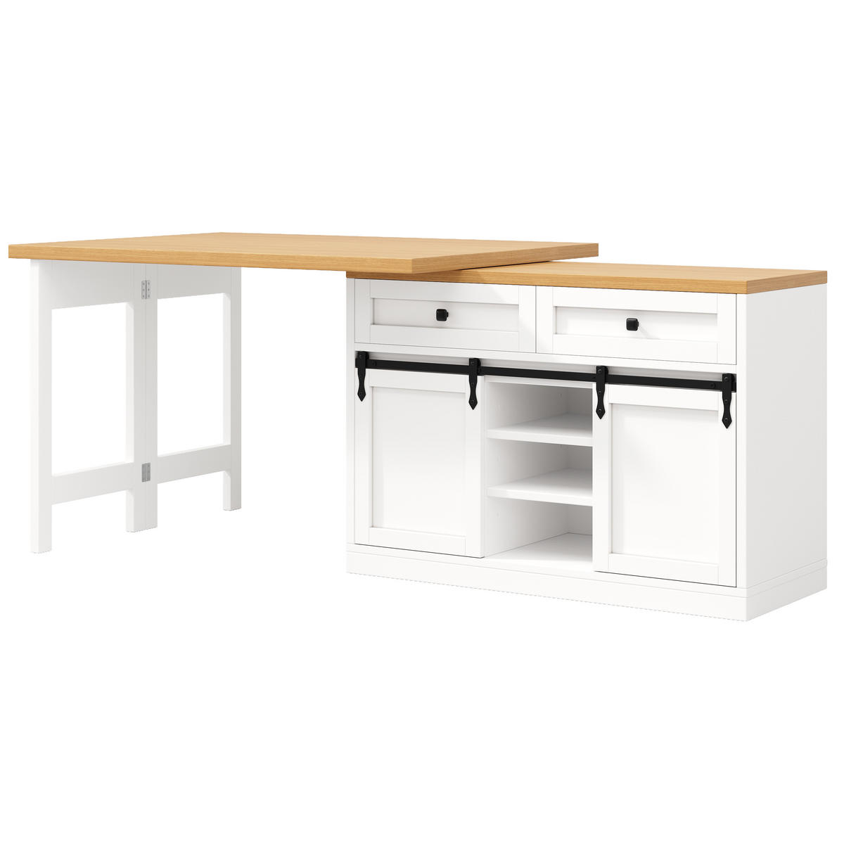KÜCHENINSEL-ESSTISCH Weiß 120–197×40×72 cm mit 360° drehbarer Tischplatte und Barn-Schiebetüren aus Holzwerkstoff und Metall - Weiß, Holzwerkstoff (120/72/40cm) - Luhomfu