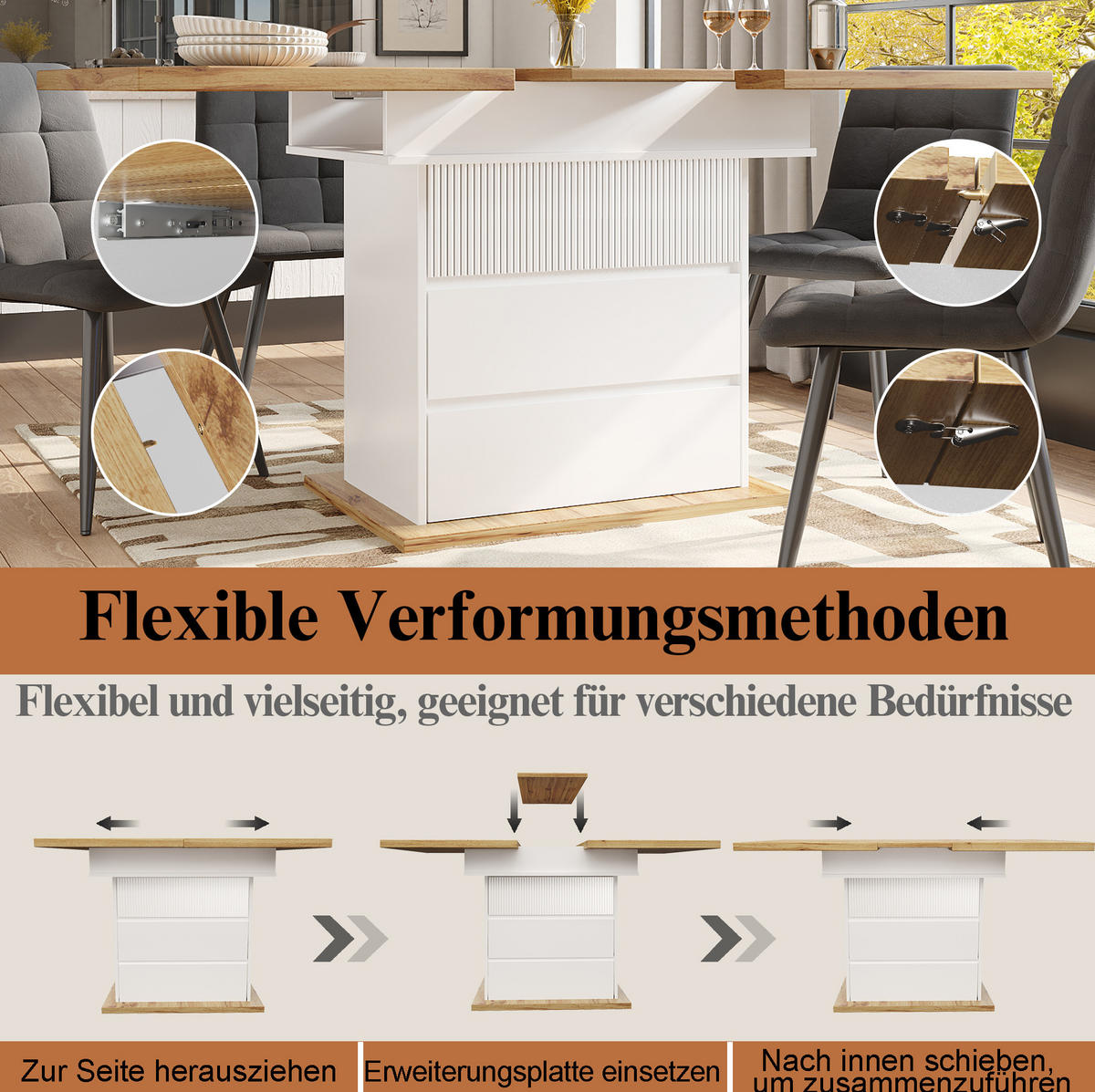 ESSTISCH aus MDF 110-140x80x75 cm Natur/Weiß ausziehbar mit Stauraum und Soft-Close-Klappe - Weiß, Holzwerkstoff (140/80/75cm) - Modfu