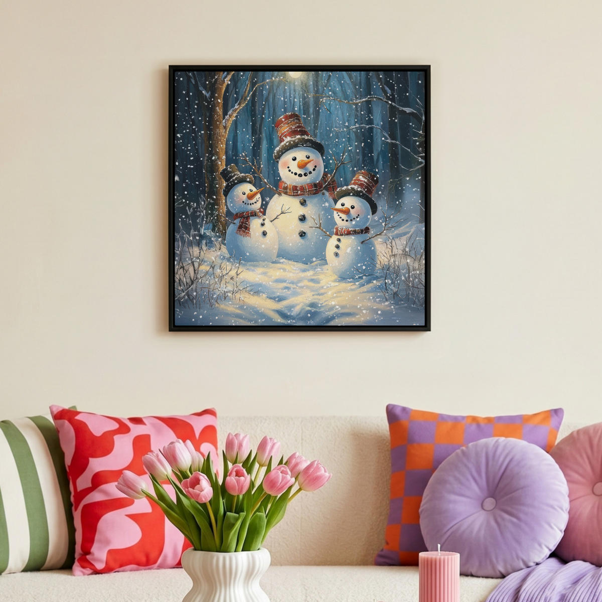 LEINWAND Bilder mit Rahmen - Schneemann - Schnee - Winter - Wald - 50x50 - Hellblau, Textil (50/50cm) - MuchoWow