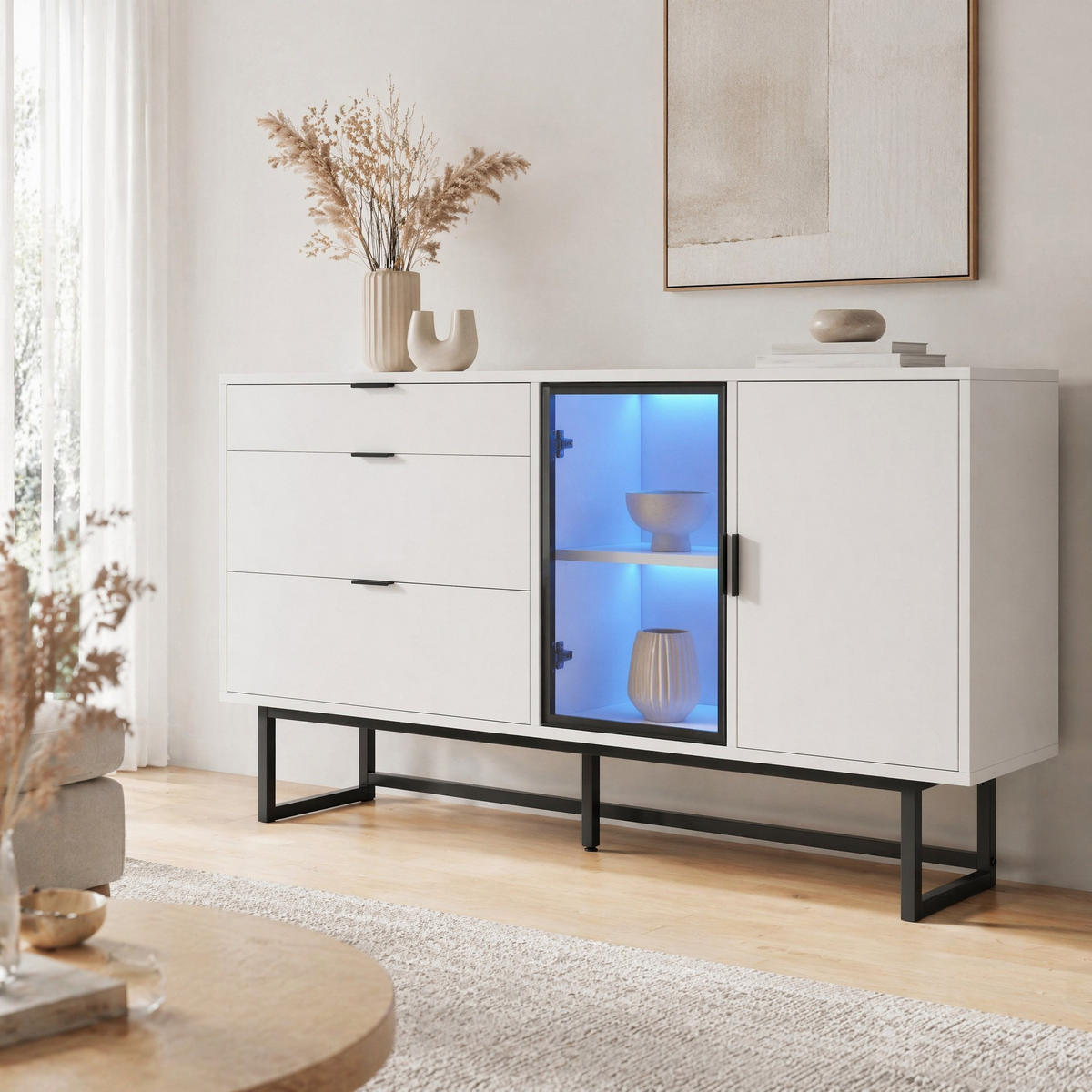 SIDEBOARD in Weiß mit 3 Schubladen, Glastüren und LED-Lichtleiste für Esszimmer und Wohnzimmer, B160/T36/H78 cm - Transparent/Schwarz, Holzwerkstoff/Metall (160/78/36cm) - STILVORA